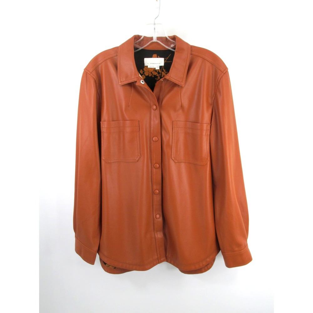 NWOT ANTHROPOLOGIE Faux Leather Shirt Jacket Shacket Women 14 Tan Lined Snaps